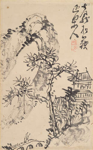 KATEI KODOMA (Japan, 1841-1913), a painting of a mountainous landscape with tree, ink on paper, signed and sealed: Katei Kodoma - Provenance: Purchased from Kunsthandel August Bödiger, Bonn, Sale 223, 15.05.1992, no. 1025 - mounted as hanging scroll with bone ends, inscribed wood box