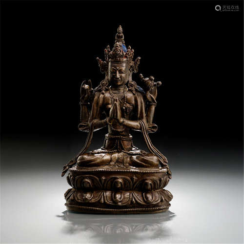 A BRONZE FIGURE OF SADAKSHARILOKESHVARA, TIBET, 14th ct