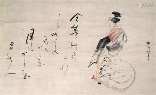 ATTRIBUTED TO ARISAKA HOKUBA ( Japan, 1771-1844), a painting of a parodying Yûjo (courtesan) and a poem by Shôkusanjin = ta Nanpo (1749-1823), ink and colour on paper, signed: Teisai Hokuba ga - Purchased from Auktionshaus Nagel, Stuttgart, Sale 28A, 13.11.2004, Lot 2262 - Partly some minor folds and short tears, slightly stained, mounted as hanging scroll with bamboo ends