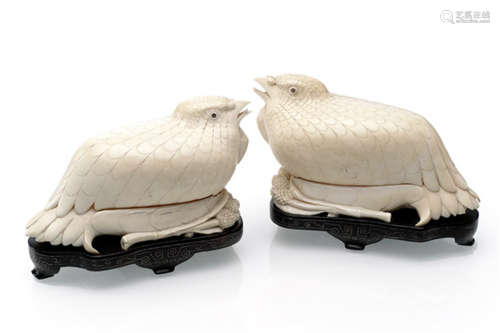 A PAIR OF QUAIL-SHAPED IVORY BOXES AND COVERS, China, Qing dynasty-Provenance: South German private collection, assembled in Austria and Germany between 1960 and 1986-Few very small chips
