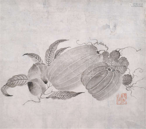 A STILL LIFE BY KAKUEN, Japan, 16th ct., a painting of two melons (uri) and a spray with peaches (momo), ink on paper, one seal: Kakuen - The seal of Kakuen is mentioned and illustrated im Kôga Bikô, 1850, published by Okisada Asaoka, Vol. 3, p. 2077.  Seal and iconography of this painting as well as the subject point to the fact that the name Kakuen belonged to an artist that devoted his life to Zen. Another painter, Nôami (1397-1471), whose name is mentioned on the kiri box that contains this painting, has painted similar still lifes, cannot be connected with the seal: Kakuen. Never the less, the inscriptions on the old box (17th Ct. or later) are important for the history of art and is read as follows: : 'Kashi-e Noâmi sakuhitsu Kano gaiki tôbhun  (Fruits painted by Nôami). Two labels attached to one side of this box: ''.uri' and below: Nô. (ami?). One seal on the back of the lower scroll stick: Kashiwa-shi tosho-in, seal of the library of the Kashiwa family - Provenance: Acquired in the German art trade, 08.10.1998, invoice copy is available upon request - Minor wear, slightly rest., mounted as hanging scroll with ivory ends