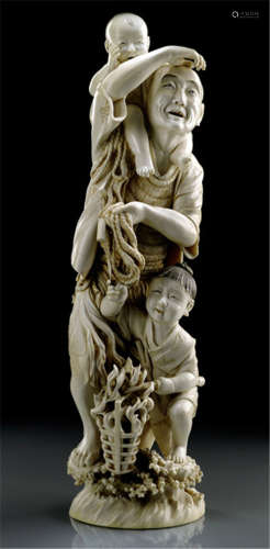 A LARGE IVORY OKIMONO OF A FISHERMAN, Japan, signed: Kôshi (Mitsumori), Meiji period, carved in standing posture, carrying a young boy on his right shoulder, holding a fishernet with his left hand. Accompanied by an older boy carrying a basket filled with coral sprays - Minor wear, partly thin, fine age cracks and tiny chips