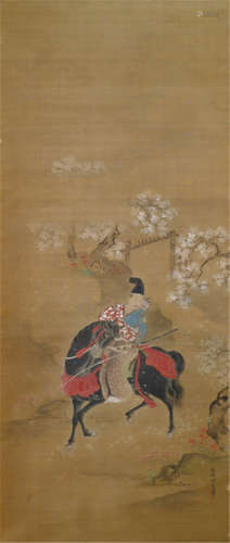 KANO TÔSHUN (1747-1797), Japan, a painting of a Samurai on his horse in front of a garden gate between flowering cherry trees and azaleas, ink and colour on silk, signed Hôgen Tôshun, seal: Kano - Provenance: Formerly part of the private collection of Curt Adolph Netto (1847-1909), sold at Kunsthaus Lempertz, Cologne, Sale 659, 01.12.1990, No. 695 - Minor wear, partly slightly rest., mounted as hanging scroll with bone ends
