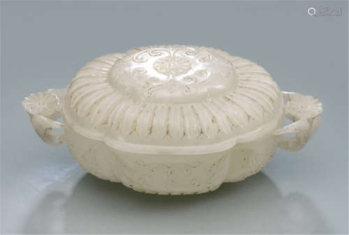 A MUGHAL-STYLE CARVED JADE BOWL AND COVER