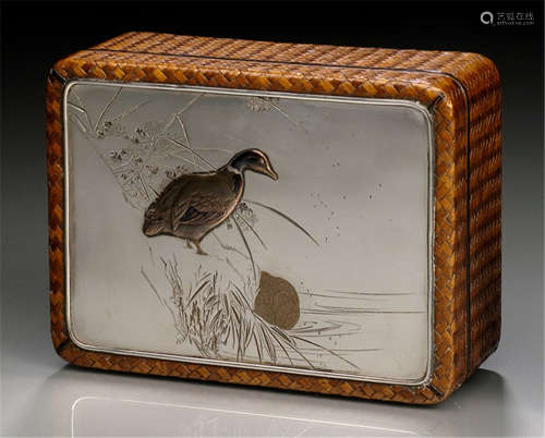 A WOOD BOX AND COVER MOUNTED WITH WOVEN BAMBOO AND SILVERED METAL PANEL, Japan, Meiji period, the cover decorated with a pair of ducks - Minor wear