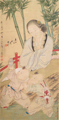 Ren Xun (1835-1893), Ni Tian (1855-1919), Lu Hui (1851-1920), Lady with Two Boys Playing