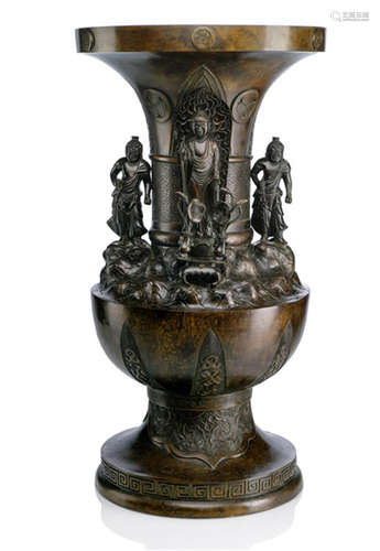 A LARGE BRONZE VASE, Japan, Meiji period, decorated with four figures of Buddha Amida flanked by two guardian figures and Jurôjin - Property from a Berlin private collection - Minor wear