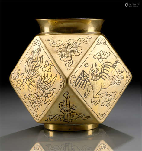 A BRASS VASE, Japan, cast mark: Masabayashi Shinwa seizô, Meiji period, angular shaped with twelve edges, engraved decoration of mythical beasts and Buddhist emblems - Property from an old Belgian private collection - Some wear