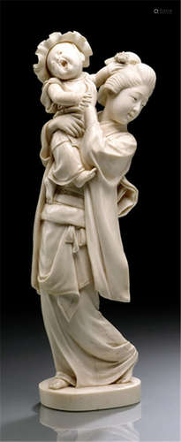 AN IVORY OKIMONO OF A BIJIN, Japan, signed Masako, Meiji period, carved in standing position, carrying a baby boy, yawning with opened mouth - Property from a French private collection, acquired at Bonhams, London, 8th Sep 2009 - Minor wear, partly fine hairline cracks due to age