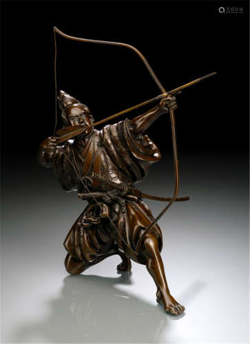 A BRONZE SCULPTURE OF A SAMURAI ARCHER, Japan, Meiji period,  kneeling on his right side, holding a bow in his left hand, preparing to draw his removable arrow, wearing a robe with floral patterns and an eboshi - German family property, acquired between 1960 and 1990 - Minor wear