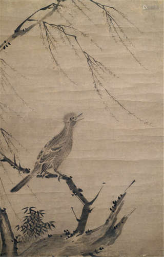 IN STYLE OF KANÔ MOTONOBU (1476-1559), Japan, 17th Ct., a painting of a cuckoo seated on a branch, ink on paper - Provenance: Purchased from Kunsthaus Lempertz, Cologne, Sale 666, 01.06.1991, no. 718 - Mounted as a hanging scroll with ivory ends, old wood box