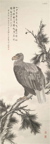 SHIBATA GAZEN, Japan, dated 1926, a painting of a sea eagle seated on a branch of a pine tree, ink and colour on silk - Provenance: Purchased from Schenk, Düsseldorf, Summer Sale 1964 - Partly slightly creased, mounted as hanging scroll with bone ends