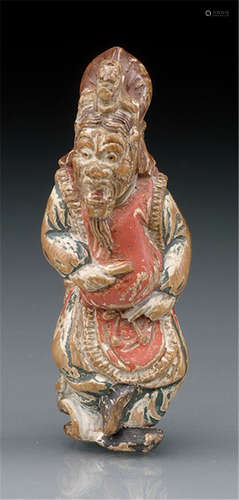 A WOOD NETSUKE OF A BUGAKU DANCER, Japan, 19th ct., dancing man wearing a mask, painted in polychrome colours - Former property from a European private collection - Some wear