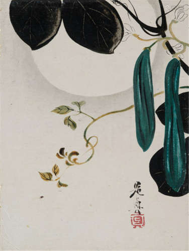SHIBATA ZESHIN (Japan, 1807-1891), a painting of a spray with 'yugao' pumpkins and moon, lacquer paint on paper, signed: Zeshin and sealed: Shin - Shibata Zeshin was a renowned painter of the Shijô school and at the same time a famous lacquer artist. He was a member of the Nihon Mijutsu Kyôkai and of the comunity of arts at the Imperial court, where he was an appointed court painter since 1890 - Purchased from Kunsthandel Klefisch, Cologne, Sale 1, 14.6.1980, no. 402 - Partly tiny stains, otherwise good condition, framed