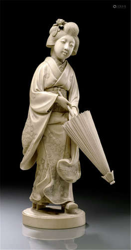 AN IVORY OKIMONO OF A STANDING BIJIN, Japan, signed Hayashi, Meiji period, detailed carving, wearing a kimono and holding a closed sunshade - Property from a French private collection, acquired at Bonhams London, 6th Nov 2007, lot 147