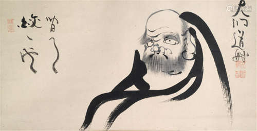 IN STYLE OF DAIDÔ DÔMYÔ (1636-1721), Japan, probably Meiji period, a painting of Daruma, ink on paper, labeled Daido Domyo, two seals: Daido, Eikai and Kitsusanjin - Provenance: Purchased from Kunsthandel Klefisch, Cologne, Sale 18, 23.05.1981, lot 294 - Minor wear, partly slightly creased, mounted as hanging scroll with wood ends