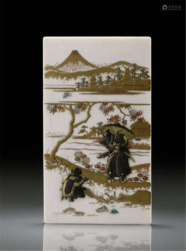 AN IVORY CARD CASE, Japan Meiji period, fine gold lacquer decoration of a landscape and mount fuji, five shakudo applications of a samurai and a beggar, the other side with two women and a samurai, details partly gilt and inlaid in horn and mother-of-pearl - Minor wear, only few details later
