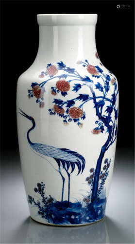 AN UNDERGLAZE BLUE AND COPPER RED VASE, DECORATED WITH A CRANE AND CURSIVE SCRIPT CALLIGAPHY, China, 18th ct