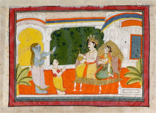 FIVE MINIATURE PAINTINGS ON PAPER WITH FIGURAL SCENES, India, ca. 19th Ct., among others depicting Krishna and Radha - Property from an old Bavarian private collection, acquired between 1960 and 1990 - Minor wear, some slightly damaged, framed and glazed