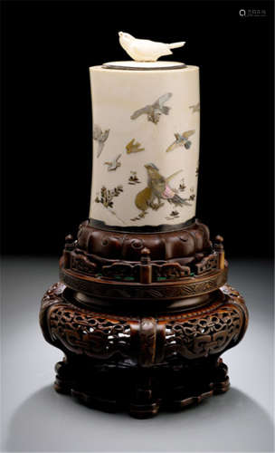 A SHIBAYAMA IVORY TUSK VASE WITH COVER, Japan, signed Masamitsu, Meiji period, inlaid decoration of flowers and various birds in stained ivory, tortoiseshell and mother-of-pearl, ivory lid with silver rim and carved bird-shaped handle - Minor wear, partly rest. and slightly chipped, mounted on a wood stand