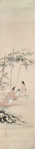 SEKITANI ISSHÛ, Japan, 2nd Half 19th Ct., a painting of a young couple and an infant seated in the shadow of a pergola with gourds and foliage, ink and bright colours on paper, signed and sealed Isshû - Provenance: Purchased from Galerie Eike Moog, Cologne, 14.12.1984 - Partly minor folds, slightly rest., mounted as a hanging scroll with wood ends