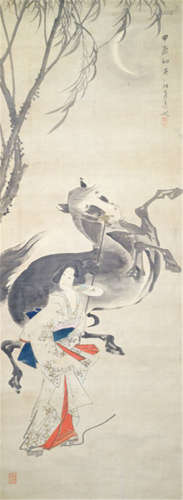 KÔNAN, Japan, a painting of Kaneko taming a wild horse and a crescent moon. Ink and colour on silk, signed: Kônan itsujin; Seal: ...guchi and Kônan and a motto seal. The inscription dated: kinoe-tatsu 1844/1904 - Property from a South German private collection - Minor wear, slightly stained and creased, mounted as hanging scroll with wood ends, wood box