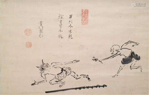 REIKUN, Japan, 19th Ct., a painting of an oni running away, chased by a priest. Ink on paper - Provenance: Purchased from Kunsthandel Klefisch, Cologne, January 1993 - Formerly in the collection of Michael, Dunn, Tokyo - Minor wear, slightly rest., mounted as hanging scroll with black lacquered wood ends, old inscribed wood box