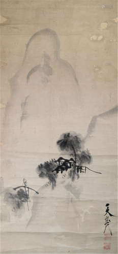 A HABUKO LANDSCAPE PAINTING, Japan, 18th/19th Ct., mountainous landscape with a wayfarer crossing a bridge, ink on paper, signed: Tenmin, one seal: Tenmin and another illegible one - Provenance: Purchased at Nagel, Stuttgart, Sale 14A, 16.05.1998, lot 1775 - Damages due to age, partly backed, mounted as hanging scroll with resin ends