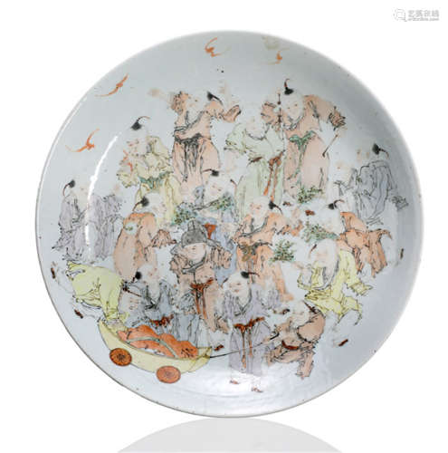 A LARGE POLYCHROME DECORATED PORCELAIN CHARGER WITH PLAYING CHILDREN