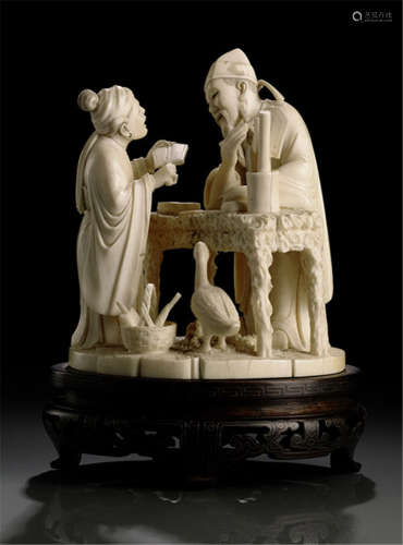 AN IVORY CARVING OF WANG XIZHI WRITING CALLIGRAPHY FOR AN OLD WOMAN