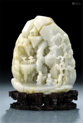 A PALE CARVED CELADON JADE BOULDER ILLUSTRATING THE TANG POEM BY JIA DAO (779-843 AD), China, Qianlong period, carved hardwood stand-Provenance: Private collection, Paris-Few small losses