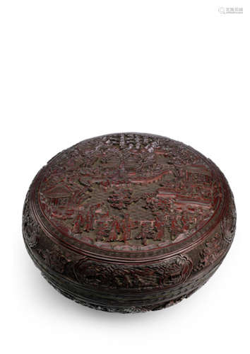 A DARK RED LACQUER BOX AND COVER WITH SCENE OF IMMORTALS IN PARADISE WITH IMPERIAL POEM OF THE KANGXI EMPEROR