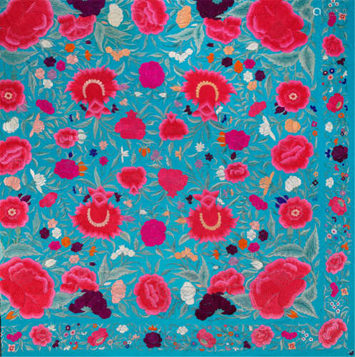 AN EMBROIDERED SILK COVER WITH PINK FLOWERS ON TURQUOISE SATIN