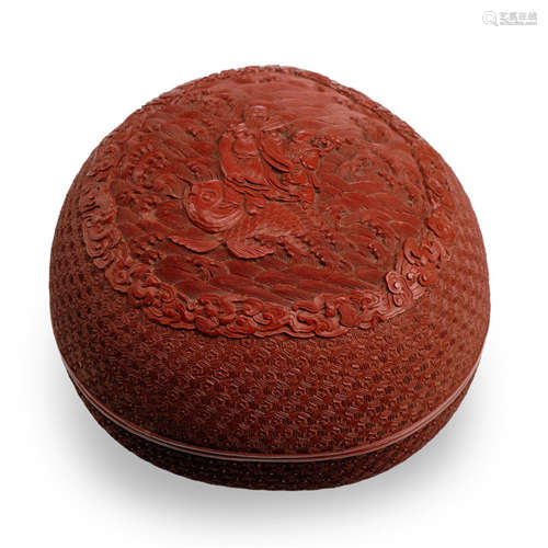 A FINE CARVED PEACH-SHAPED CINNABAR LACQUER BOX AND COVER WITH ZHONGLI Quan