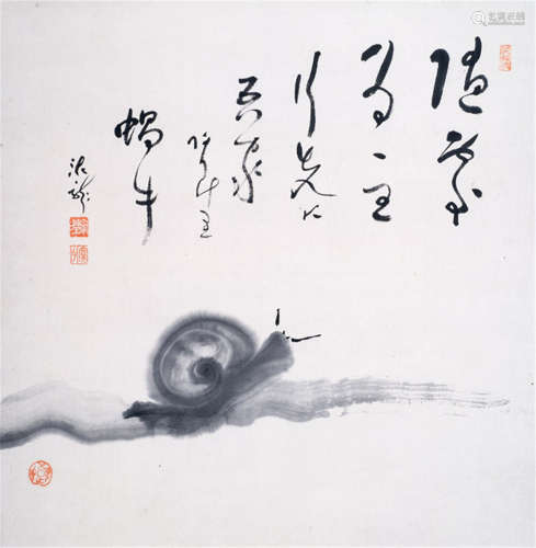 DEIRYÛ (Japan, 1895-1954), a painting of a snail and an inscription: 'Zuisho (ni) shu (to) naru. Yuku saki ni/ waga ya arikeri/Katatsumuri'. Ink on paper. Signed: Deiryû. Two seals below the signature: Shîjun and Kanshû. Seal in the right upper corner: Deiryûkutsu. Round seal: not identified - Provenance: Purchased from Auktionshaus Lempertz, Cologne, 08.10.1992 - Slightly stained otherwise good condition, mounted as hanging scroll with bamboo ends