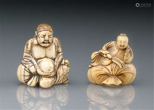 TWO IVORY NETUKE OF HOTEI, Japan, 18th Ct., one carved as a hotei seated atop his bag, the other leaning against it - Former property from a European private collection - Minor wear, partly thin hairlines due to age