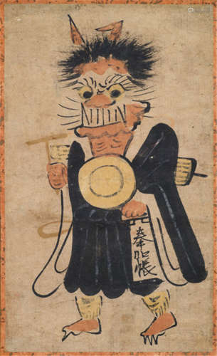 AN ANONYMOUS PAINTER, Japan, 19th Ct., an otsu-e depicting Benkei lifting a bell, ink and colours on paper - Provenance: Purchased from Auktionshaus Lempertz, Cologne, Sale 577, no. 1032 - Minor wear, slightly rest., mounted as hanging scroll with wood ends