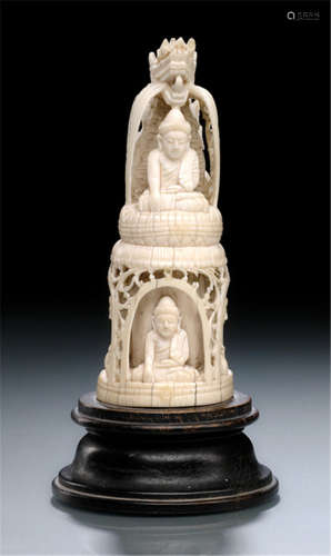 AN OPENWORK IVORY CARVING WITH DRAGON, Burma, 19th ct. - Property from a South German private collection, formerly from the collection Dr. Rumpf, received as a gift before 1990 - Some age cracks, minor rest.