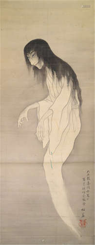 SHÔKA, Japan, dated: Taisho, Summer 1918, in an inn in Jinmeido, a painting of a woman with long black hair appearing as a ghost. Ink and light colours on silk. Signed: Shôka and pot seal, the reverse signed: Shôka kore o egaku - Provenance: Purchased from Kunsthandel Klefisch, Sale 36, 28.05.1988, no. 22 -  Slightly creased, mounted as hanging scroll with bone ends, wood box inscribed and with seal - One fold, slightly stained