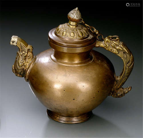 A BRONZE, COPPER AND LOW ALLOY-SILVER TEAPOT AND COVER, TIBET, 18th/19th ct