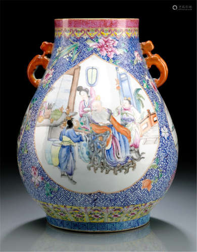 A HU-SHAPED FAMILLE ROSE VASE WITH FIGURAL SCENES
