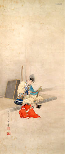 A PAINTING OF A SAMURAI AND HIS YOUNG ATTENDANT, Japan, cyclical dating: tsuchinoe-inu (1898) signed Seibi, seal: Minamoto shô Seibi, ink and colour on silk - Property from a South German private collection, minor wear, some small mould stains, mounted as a hanging scroll