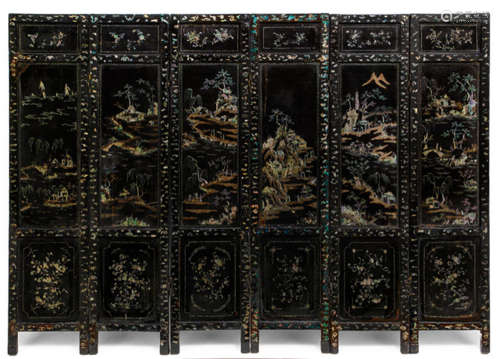 A SIX-PANEL MOTHER-OF-PEARL-INLAID HARDWOOD FOLDING SCREEN