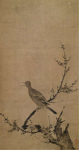 ATTRIBUTED TO KANO MOTONOBU (1476-1559), a painting of a cuckoo on a spray of flowering plum blossoms. Ink on paper. Seal: Motonobu. Lacquer box with writing of Kohitsu Ryôchû (1845-1920), who attributed this painting to Motonobu - Provenance: Purchased from Auktionshaus Lempertz, Cologne, Sale 651, 30.05.1990, no. 854 -  Traces of age, partly slightly damaged, rest., mounted as hanging scroll with ivory ends, black lacquered wood box and gold lettering, old address label: Yamanka, Kyoto, recipient: Dr. Junghann, Wiesbaden