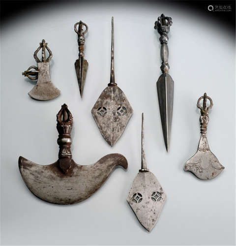 A RARE SET OF SEVEN IRON RITUAL IMPLEMENTS, Outer Mongolia, 18th/19th ct