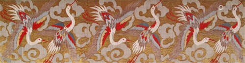 AN OBI TEXTILE FRAGMENT WITH CRANES AMONGST CLOUDS, Japan, Meiji period - Propety from an european private collection - framed under glass