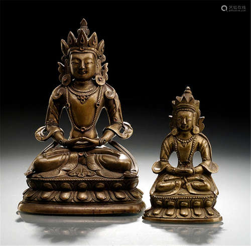 TWO BRONZE FIGURES OF AMITAYUS, TIBETO-CHINESE, 18th ct