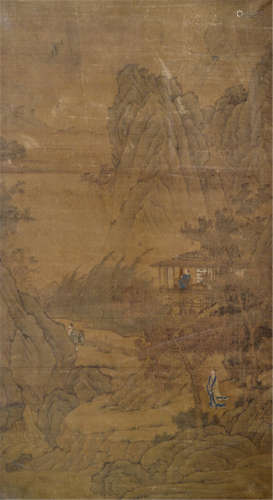 A FINE ANONYMOUS PAINTING DEPICTING A SCHOLAR IN HIS MOUNTAIN RETREAT WITH A GUEST APPROACHING, China, ca