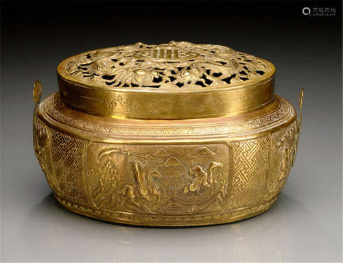A BRASS HAND WARMER WITH OPENWORK DRAGON LID