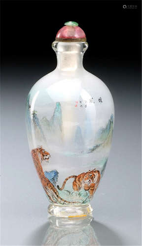 AN INSIDE-PAINTED GLASS SNUFFBOTTLE WITH TIGERS AND LANDSCAPE